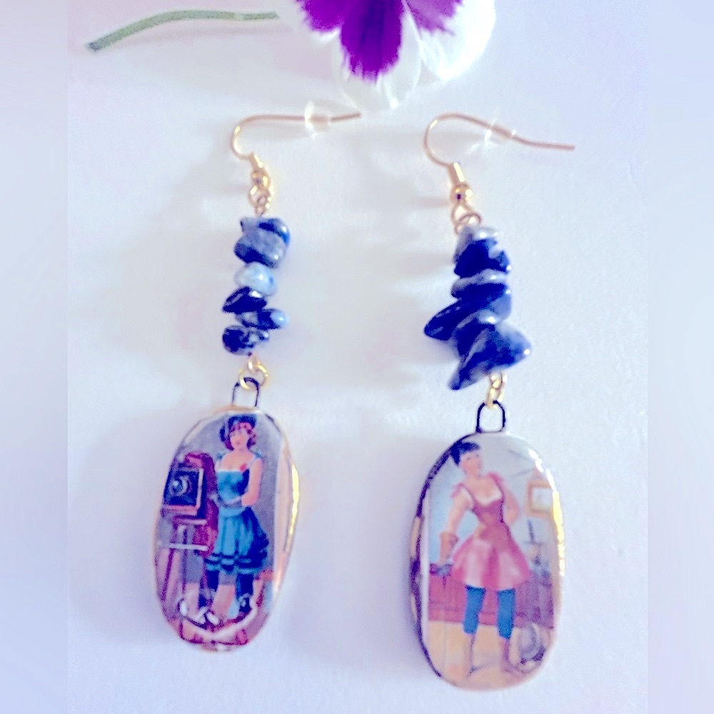 Earrings NWOT Artisan Naughty Victorian Ladies Ceramic Sodalite stone 3” pierced - Picture 6 of 11